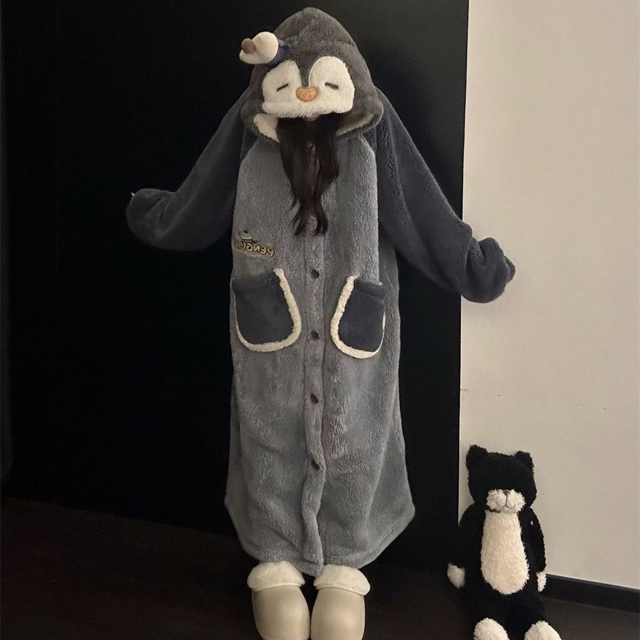 グレーペンギン着ぐるみローブ|ふわもこ連帽フリースルームウェア