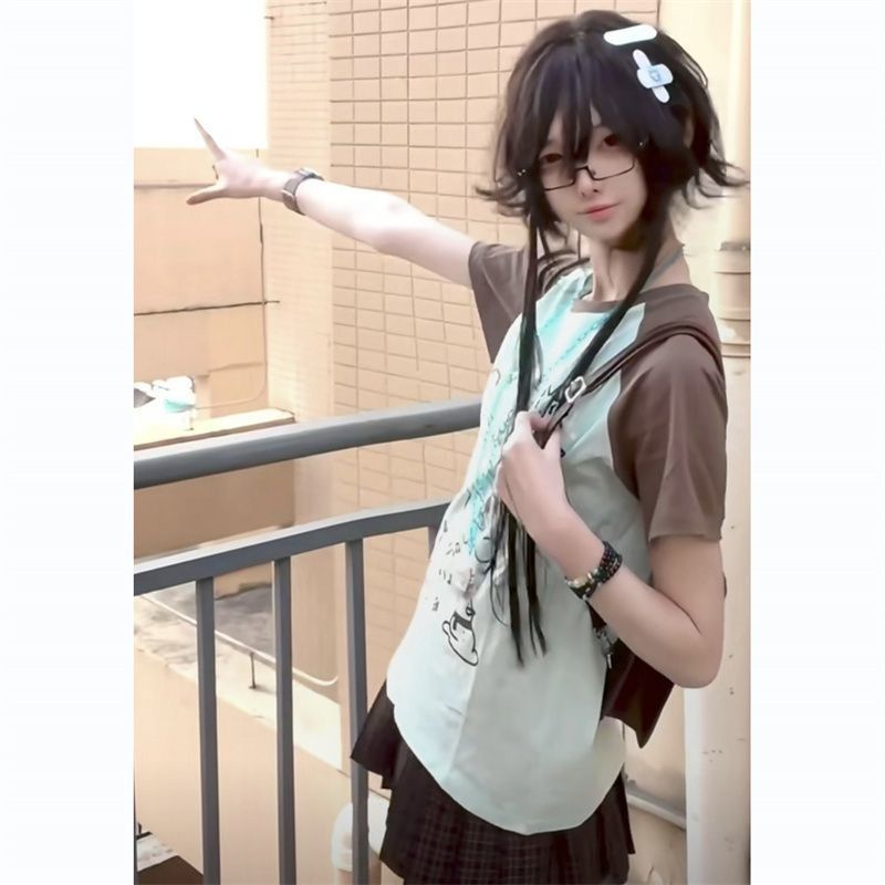 2025新作大人可愛い配色切替半袖Tシャツゆったりトップス