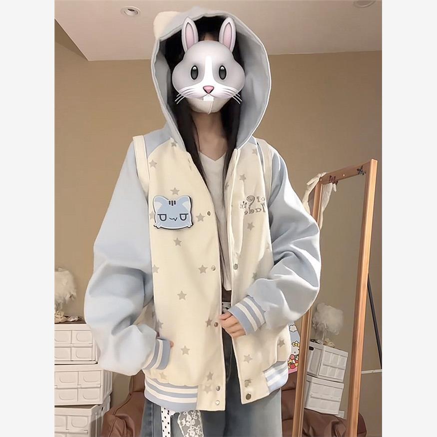 可愛い猫耳フード付き厚手スタジャン裏起毛パーカーレディース秋冬ゆる
