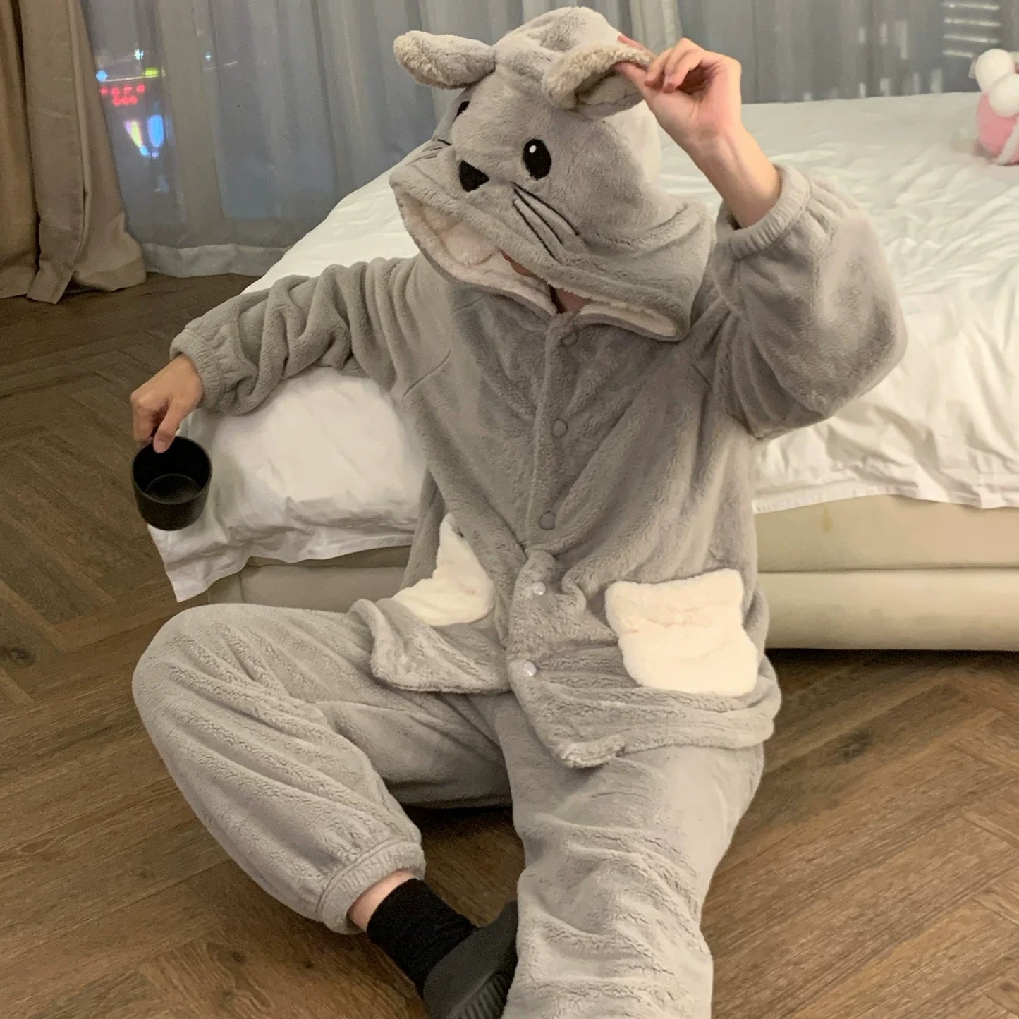 可愛いアザラシペアパジャマ厚手サンゴフリースルームウェアセット秋冬