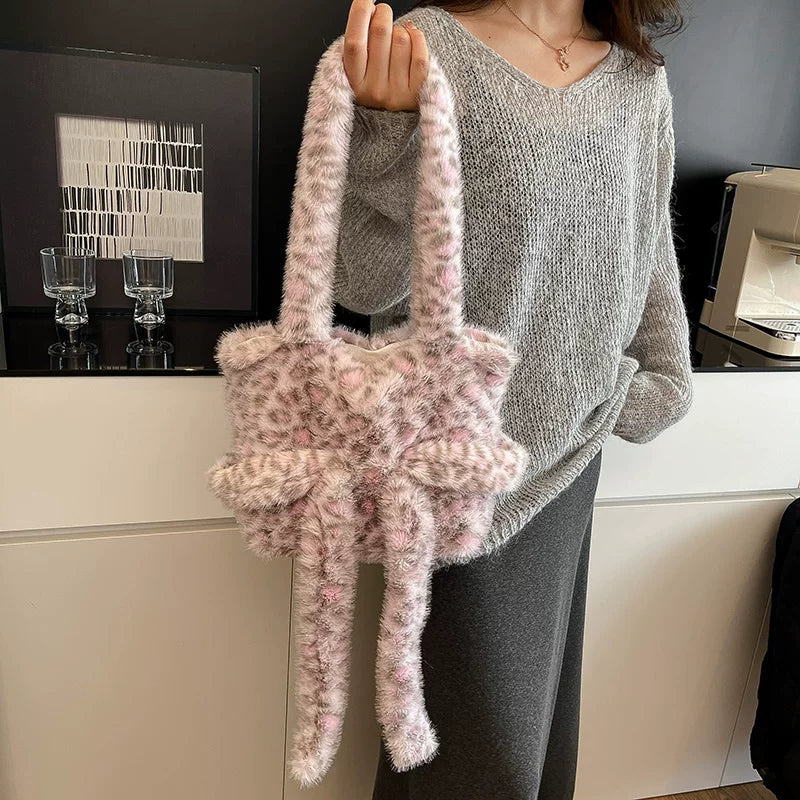 Trendy large capacity fur bag for fall and winter, leopard print, with ribbon, shoulder bag