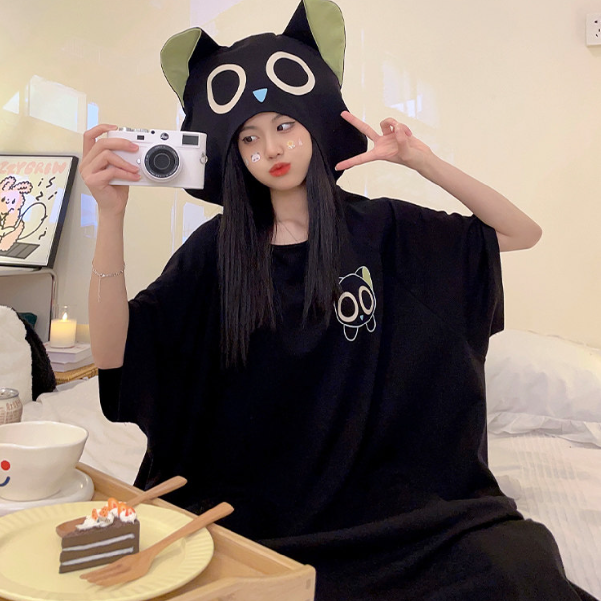 大人可愛いフード付き半袖猫耳パジャマ