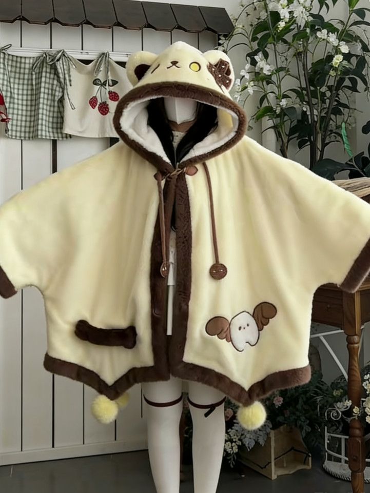 天使子猫甘々刺繍裏起毛フード付きケープルームウェア秋冬萌え系防寒パジャマ