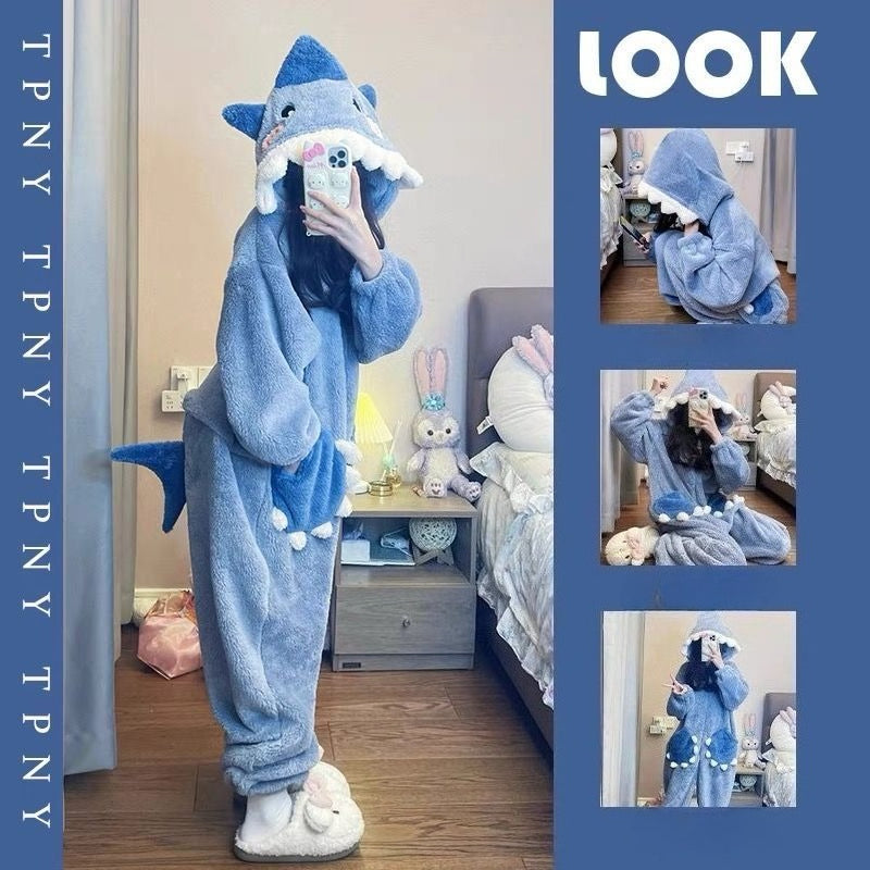 Shark-themed fluffy hooded pajamas 