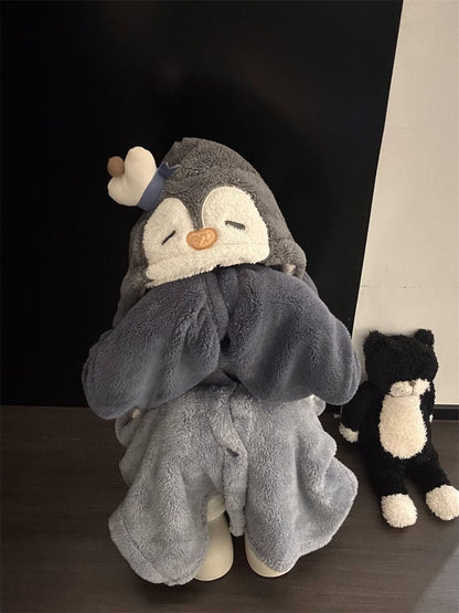 グレーペンギン着ぐるみローブ｜ふわもこ連帽フリースルームウェア