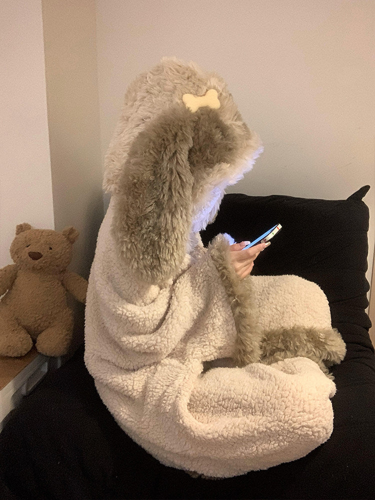 キュートな子犬耳付きフードモコモコ冬用ルームウェアパジャマレディース珊瑚フリース暖かガウン可外着セット