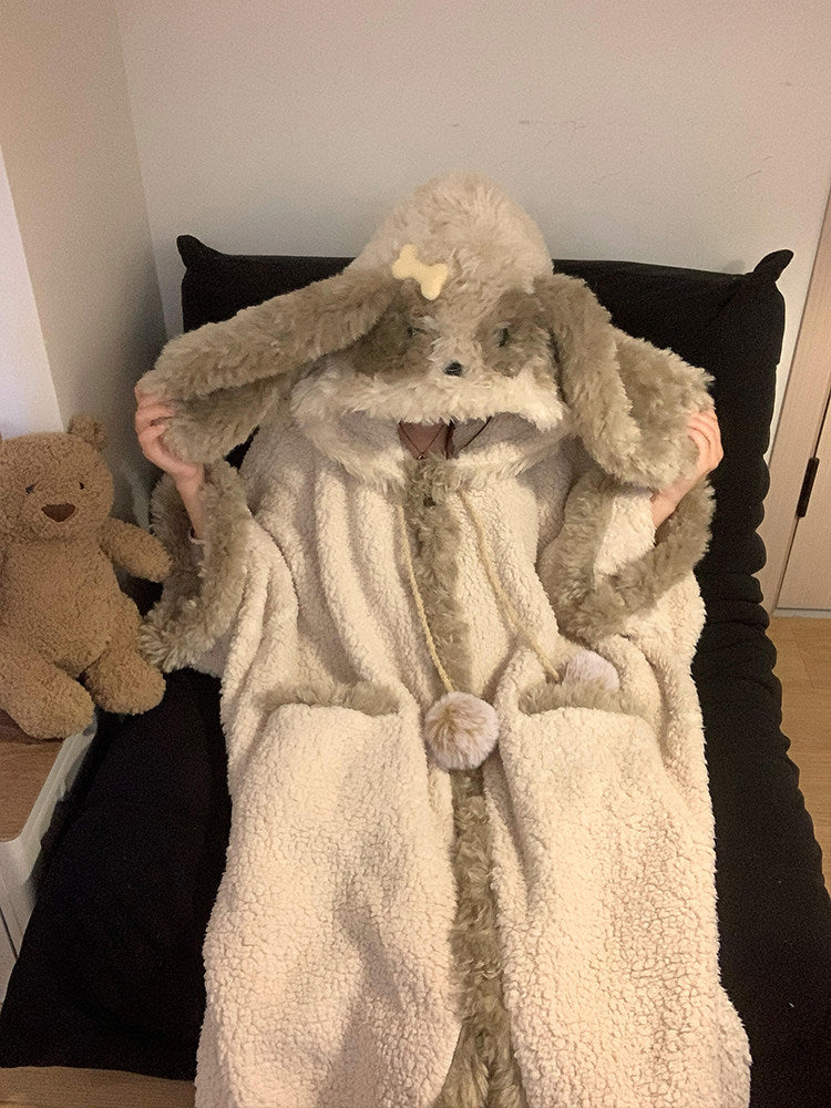 キュートな子犬耳付きフードモコモコ冬用ルームウェアパジャマレディース珊瑚フリース暖かガウン可外着セット