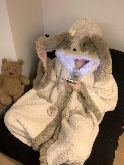 キュートな子犬耳付きフードモコモコ冬用ルームウェアパジャマレディース珊瑚フリース暖かガウン可外着セット