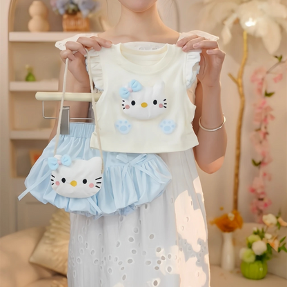 お洒落可愛い!ハローキティ猫モチーフTシャツかぼちゃパンツセット