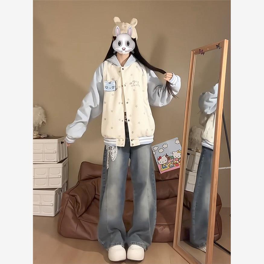 可愛い猫耳フード付きスタジャン裏起毛パーカー厚手