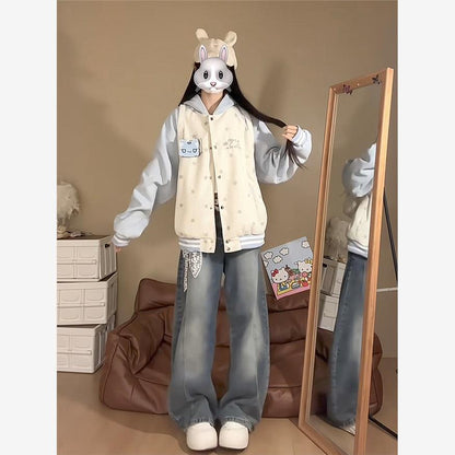 可愛い猫耳フード付きスタジャン裏起毛パーカー厚手