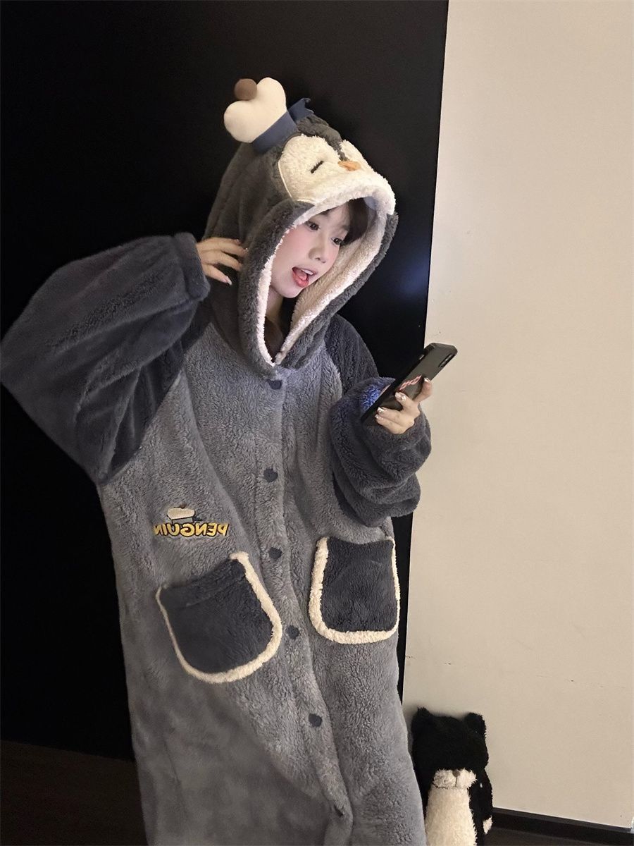 グレーペンギン着ぐるみローブ｜ふわもこ連帽フリースルームウェア