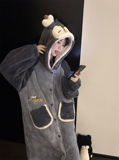 グレーペンギン着ぐるみローブ｜ふわもこ連帽フリースルームウェア