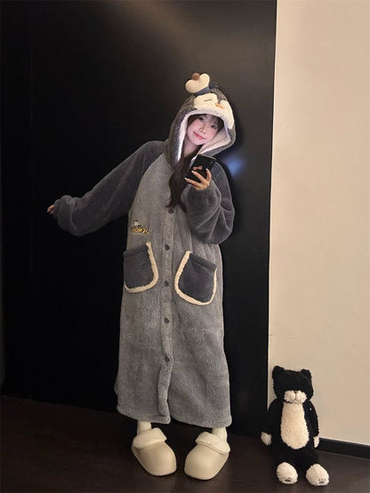 グレーペンギン着ぐるみローブ｜ふわもこ連帽フリースルームウェア