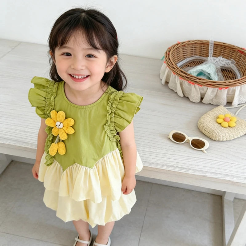 お洒落可愛いひまわり柄ベビー服セットアップパフスリーブ半袖
