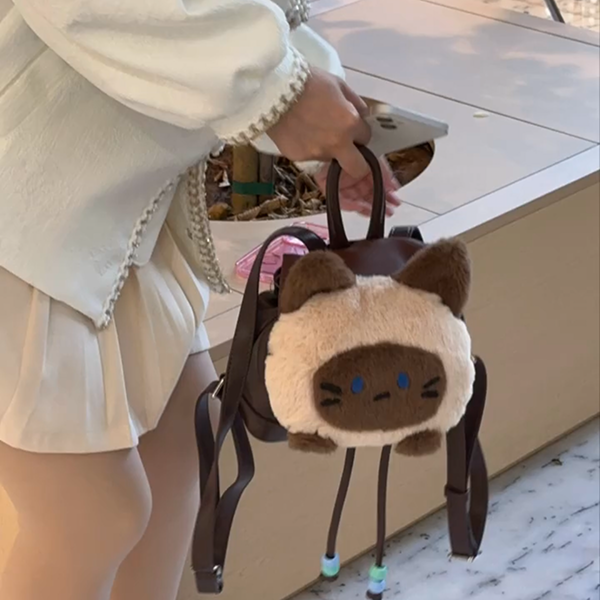 シャム猫ぬいぐるみリュック猫グッズ｜大容量ふわもこ学生ガーリー通学バッグ