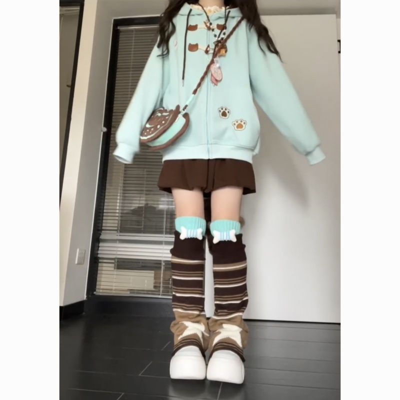 猫肉球刺繍裏起毛オーバーサイズジップアップパーカー