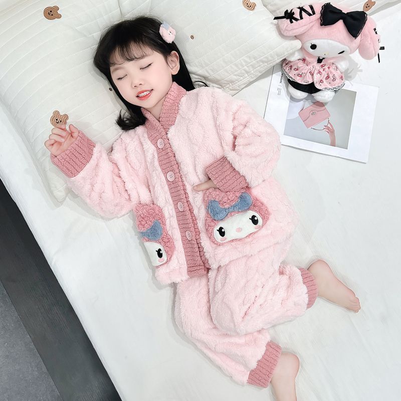 儿童法兰绒睡衣秋冬加厚女童库洛米珊瑚绒家居服宝宝冬季保暖套装