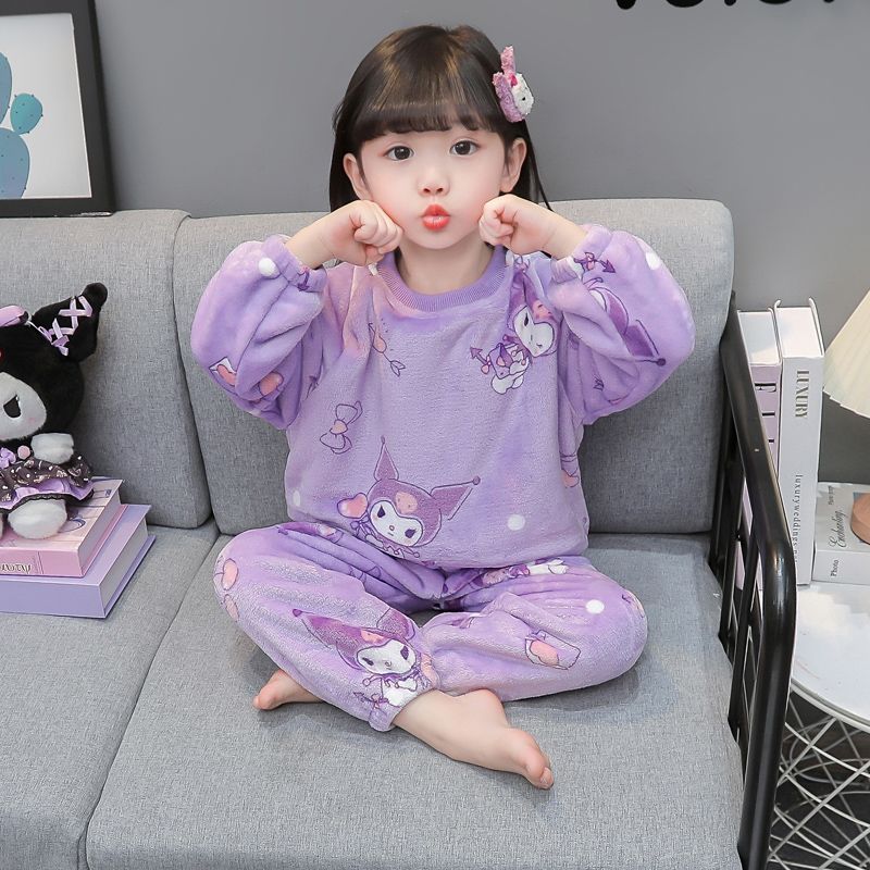 儿童法兰绒睡衣秋冬加厚女童库洛米珊瑚绒家居服宝宝冬季保暖套装
