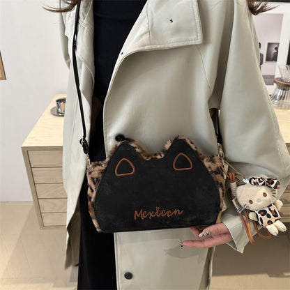Fluffy shoulder bag with leopard ears | Cute irregular-shaped bag for autumn and winter 
