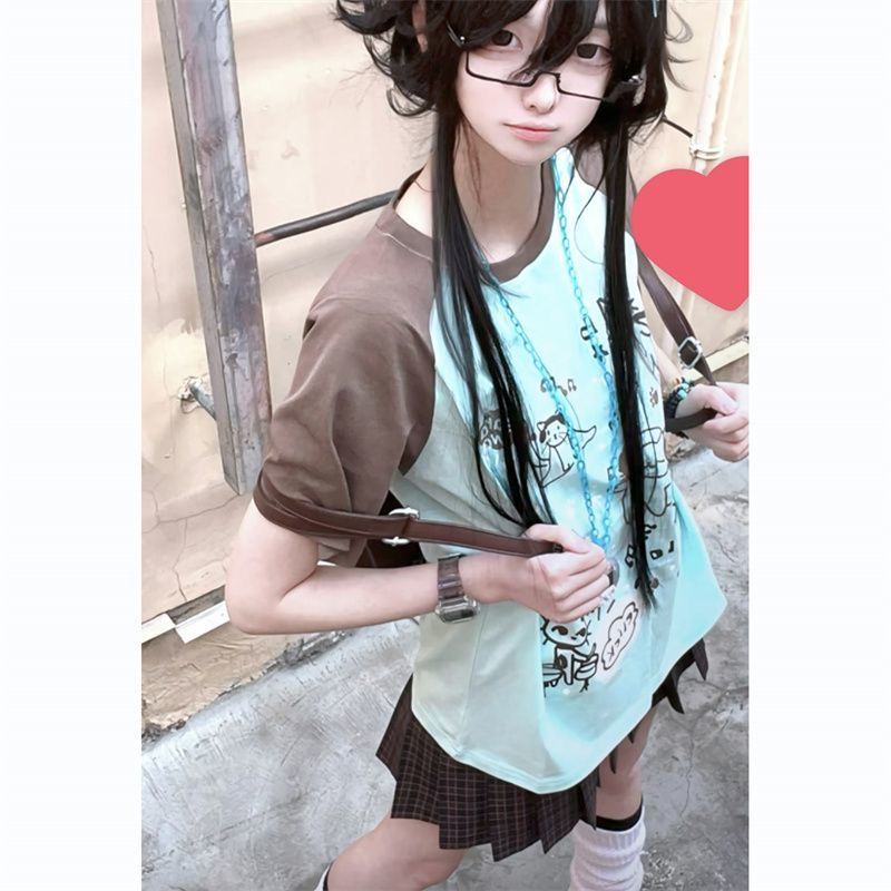 2025新作大人可愛い配色切替半袖Tシャツゆったりトップス