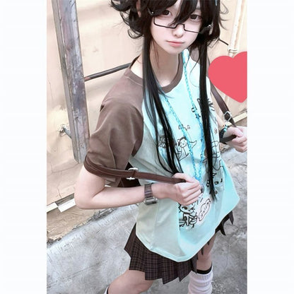 2025新作大人可愛い配色切替半袖Tシャツゆったりトップス