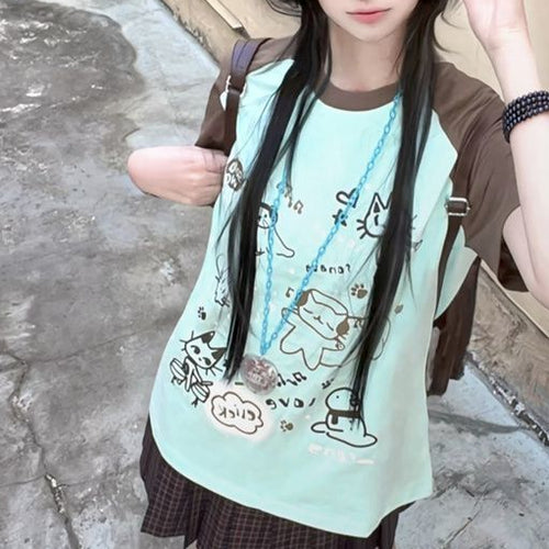 2025新作大人可愛い配色切替半袖Tシャツゆったりトップス