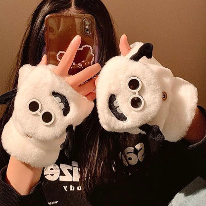 Black Cat Mittens | Fluffy Fingerless &amp; Lidded Gloves 