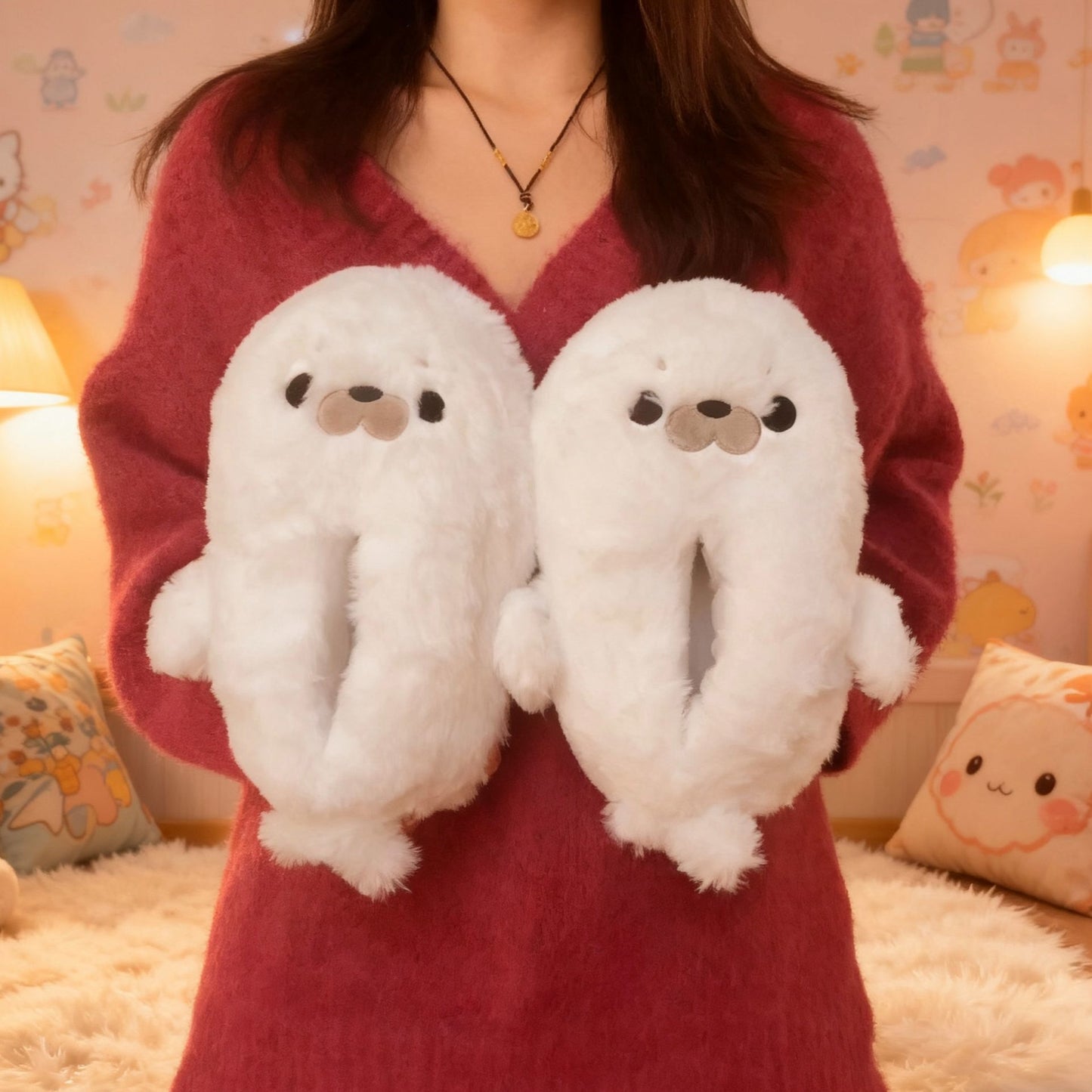 もちもち触感の可愛いもこもこスリッパ / 滑り止め付き防寒ルームシューズ