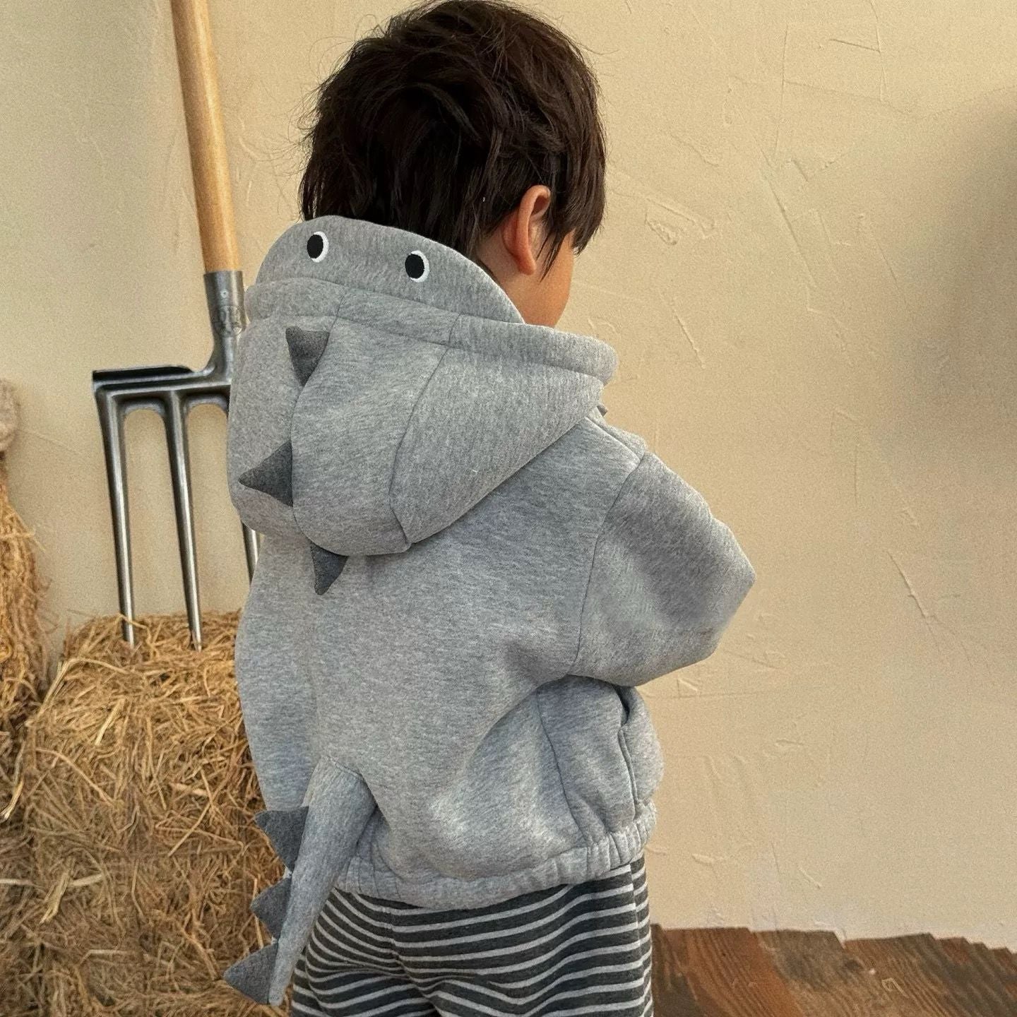 後ろ姿にキュン！恐竜のしっぽ付き男の子用厚手パーカー｜裏起毛で
