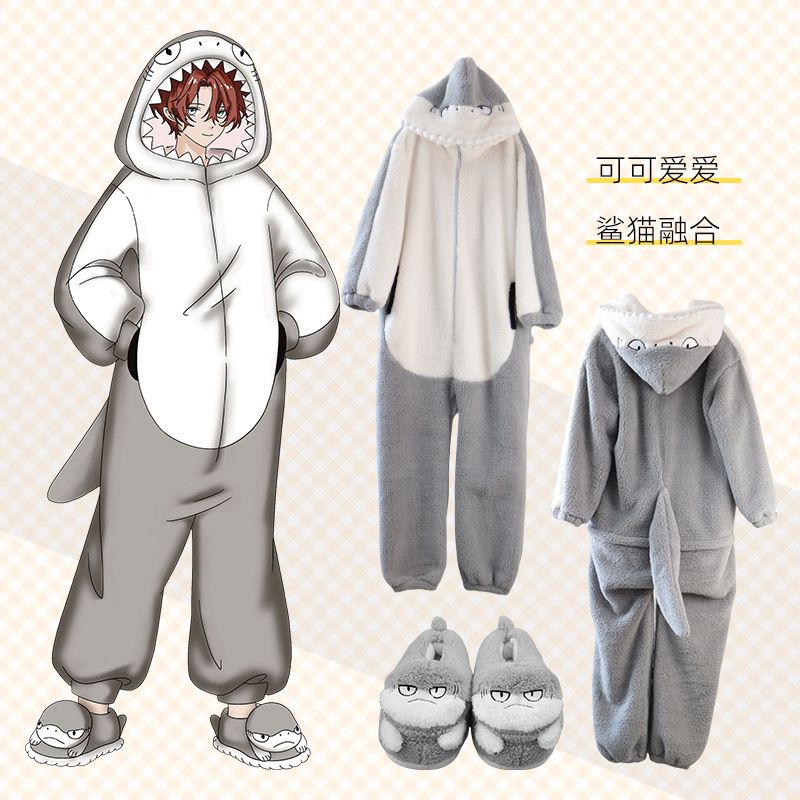 サメ＆ネコ変身のおもしろ連体パジャマ/ペアルックのあったか連体ルームウェア