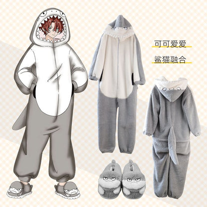 サメ＆ネコ変身のおもしろ連体パジャマ/ペアルックのあったか連体ルームウェア