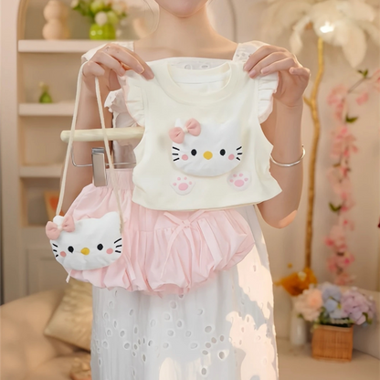 お洒落可愛い!ハローキティ猫モチーフTシャツかぼちゃパンツセット