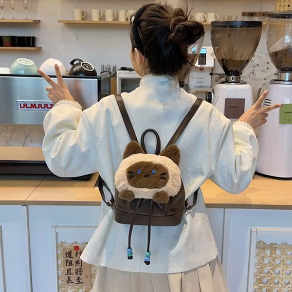 シャム猫ぬいぐるみリュック猫グッズ｜大容量ふわもこ学生ガーリー通学バッグ