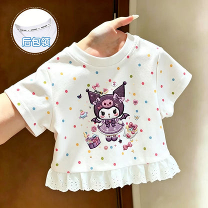 大人可愛いクロミプリントフリルTシャツ