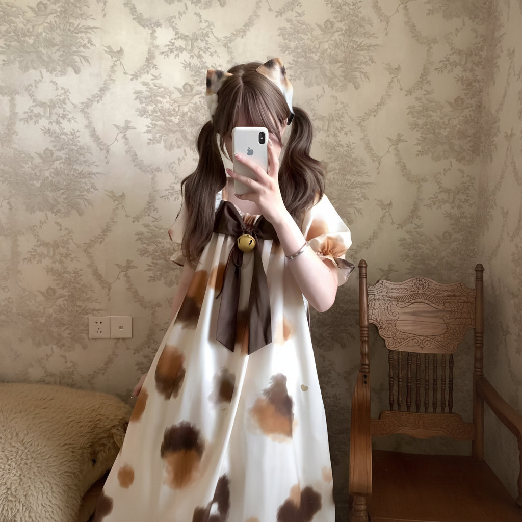 Lolita Pajama Dress Short Sleeve Women's Summer Nightgown with Cups Roomwear J-Fashion Viral on Social Media Trendy Gift Reward Popular Calico Cat (