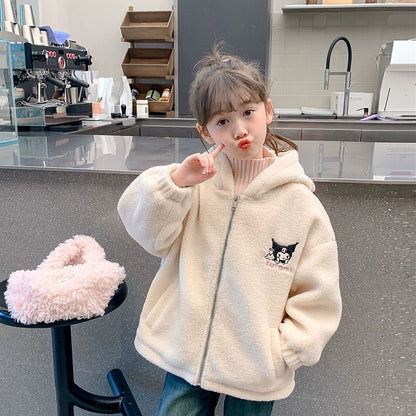 女童拉链外套冬季2025新款加厚儿童库洛米连帽衣服女孩冬装毛毛衣