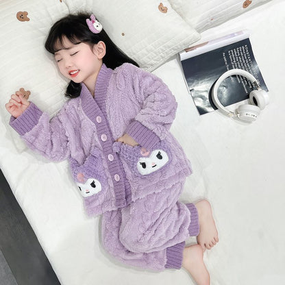 儿童法兰绒睡衣秋冬加厚女童库洛米珊瑚绒家居服宝宝冬季保暖套装