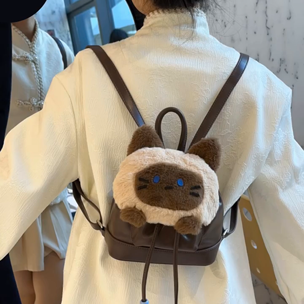 シャム猫ぬいぐるみリュック猫グッズ｜大容量ふわもこ学生ガーリー通学バッグ