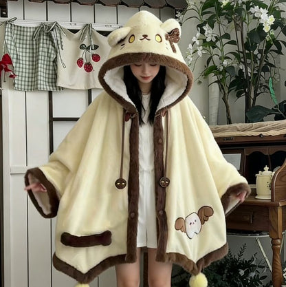 天使子猫甘々刺繍裏起毛フード付きケープルームウェア秋冬萌え系防寒パジャマ