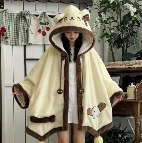 天使子猫甘々刺繍裏起毛フード付きケープルームウェア秋冬萌え系防寒パジャマ