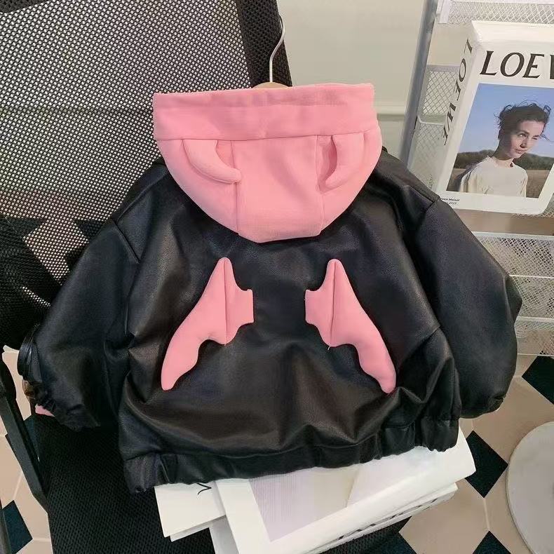 お洒落キッズレザーパーカージャケット重ね着風春秋