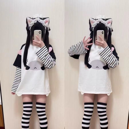 猫耳付き重ね着風サブカル可愛いロンT