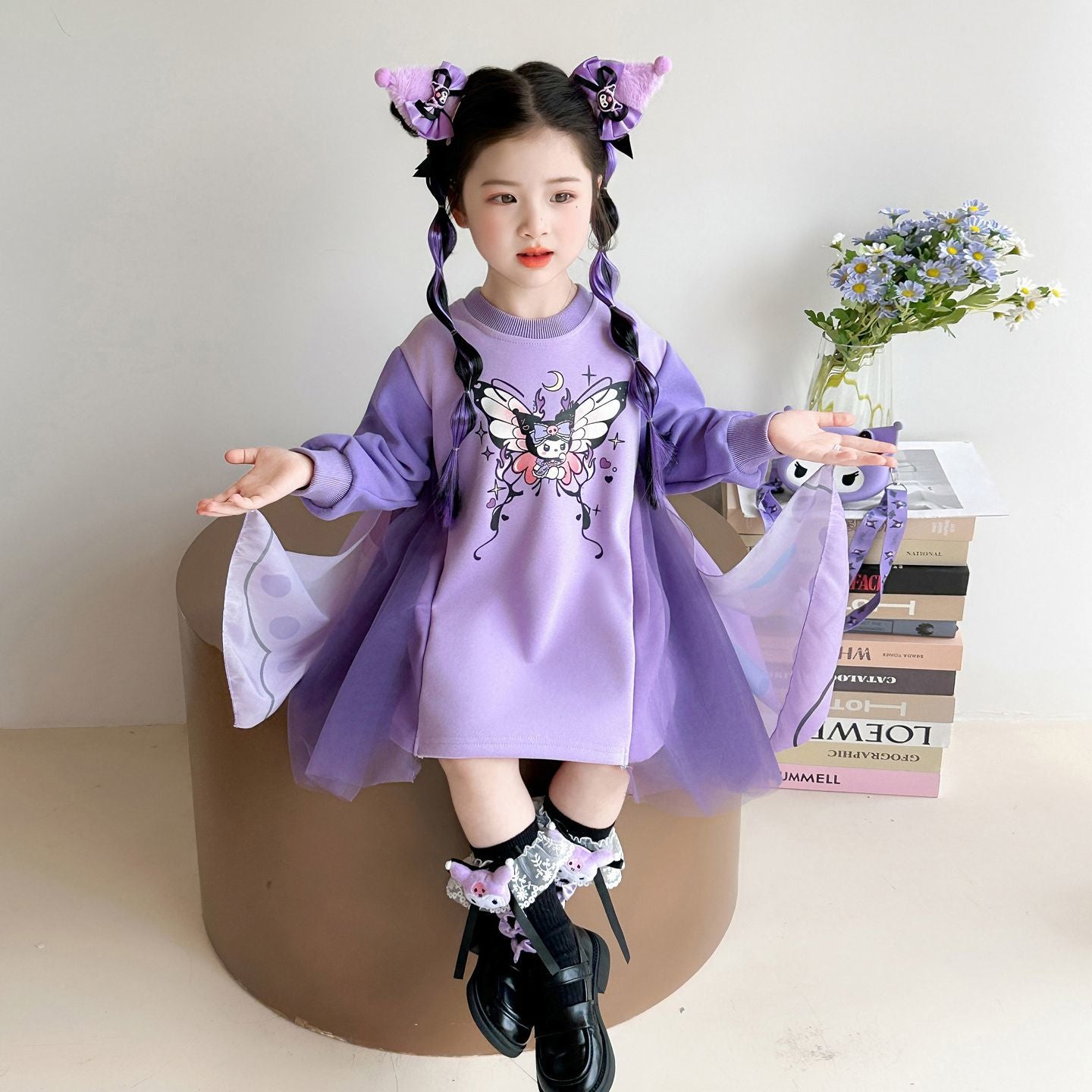 紫色库洛米蝴蝶印花连衣裙2026新款儿童春秋长袖翅膀洋气卫衣裙潮