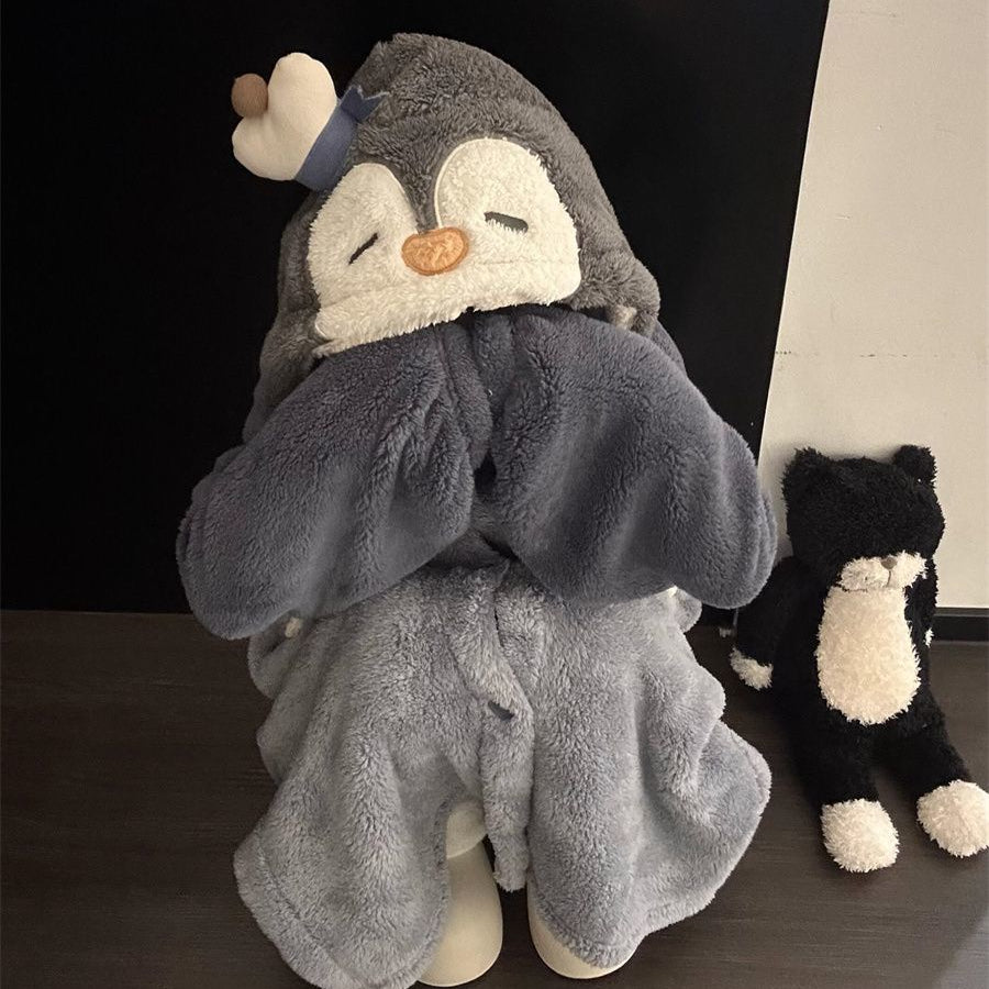 グレーペンギン着ぐるみローブ｜ふわもこ連帽フリースルームウェア