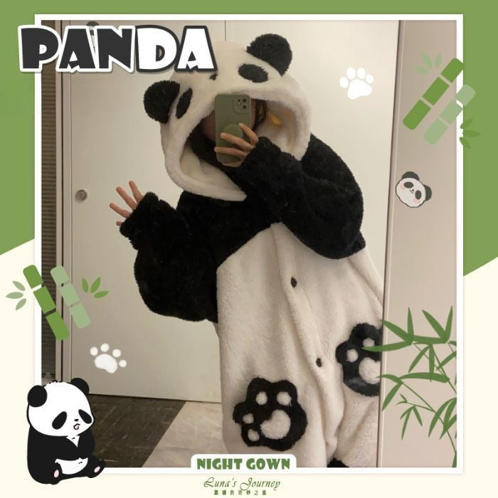 パンダ着ぐるみルームウェアセット｜ふわもこ冬用パジャマ＆ローブ