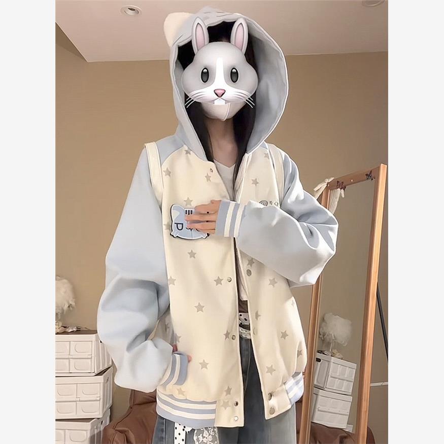 可愛い猫耳フード付きスタジャン裏起毛パーカー厚手