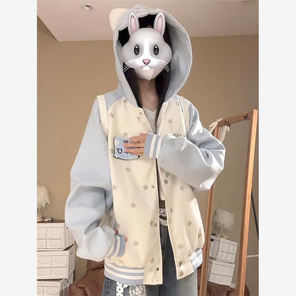 可愛い猫耳フード付きスタジャン裏起毛パーカー厚手
