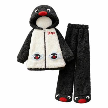 ピングーペンギンもこもこ冬用厚手フード付きパジャマセット