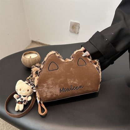 Fluffy shoulder bag with leopard ears | Cute irregular-shaped bag for autumn and winter 